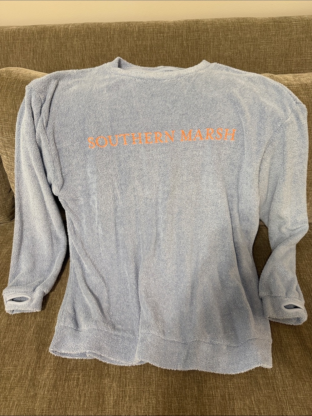 Southern Marsh Light Blue Terry Sweatshirt with Orange Logo Size Small